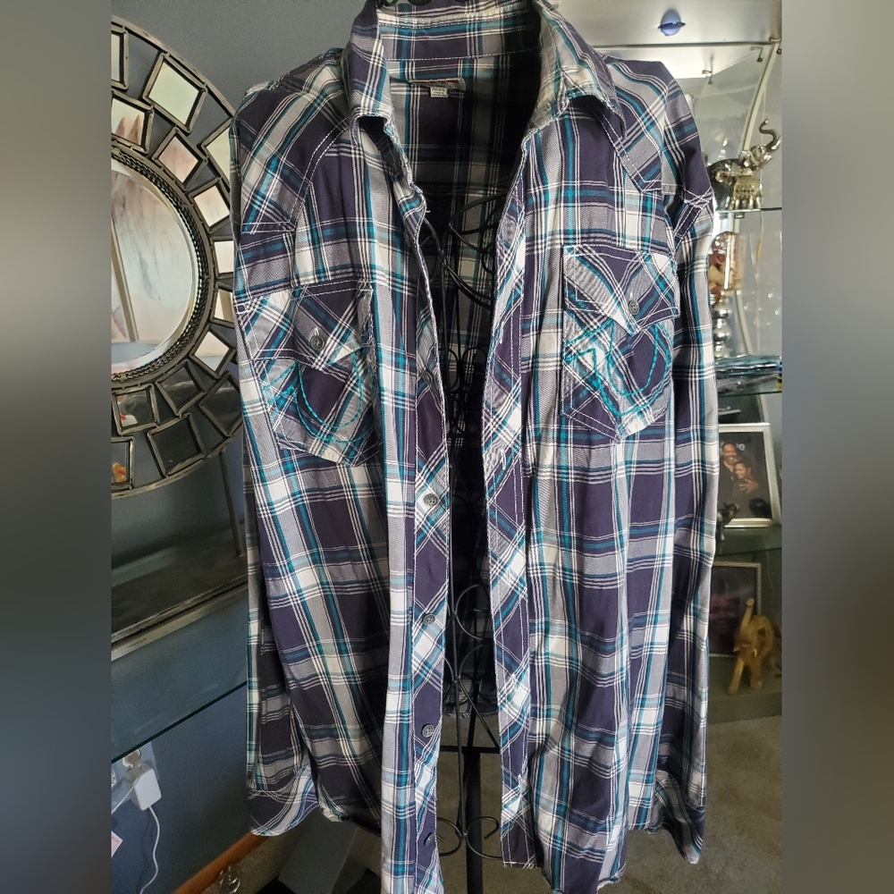 True Religion Men's Plaid Shirt - Blue and White